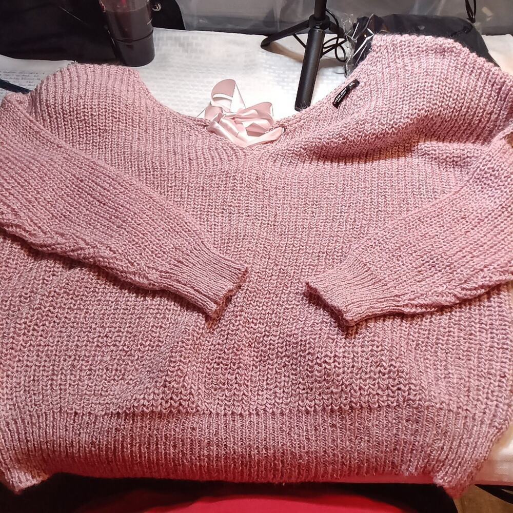 chunky sweater women 4 XL Shein Curve Lace Up Back Pink Fairy Cottage Core Boho
